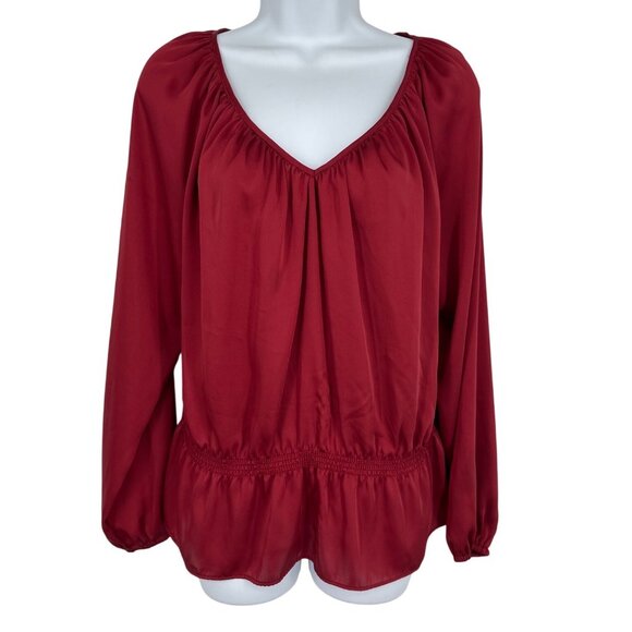 Michael Michael Kors Womens Long Sleeve Peplum Blouse V-Neck Gathered Waist Sz M - Picture 1 of 9